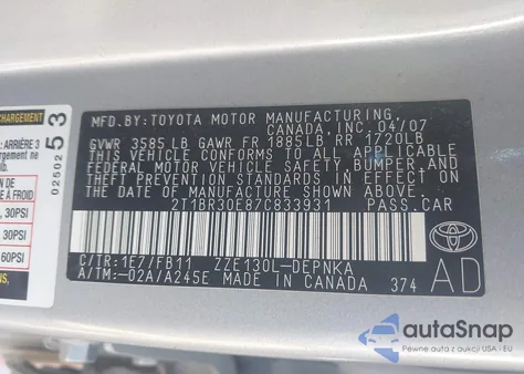 2007 Toyota Corolla Le z USA, uszkodzony, nr VIN 2T1BR30E87C833931